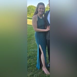 Love By Design Slinky Elegant Teal Dress with Slit and open Back